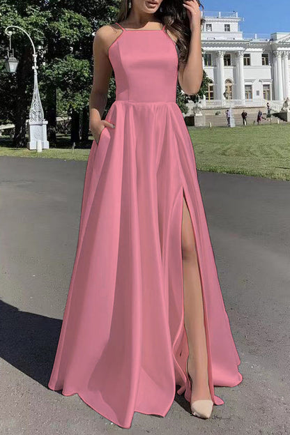 Sexy Solid Pocket Slit Square Collar Sling Dress Dresses Pink