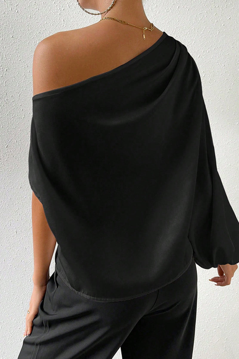 Elegant Solid Asymmetrical Oblique Collar Tops