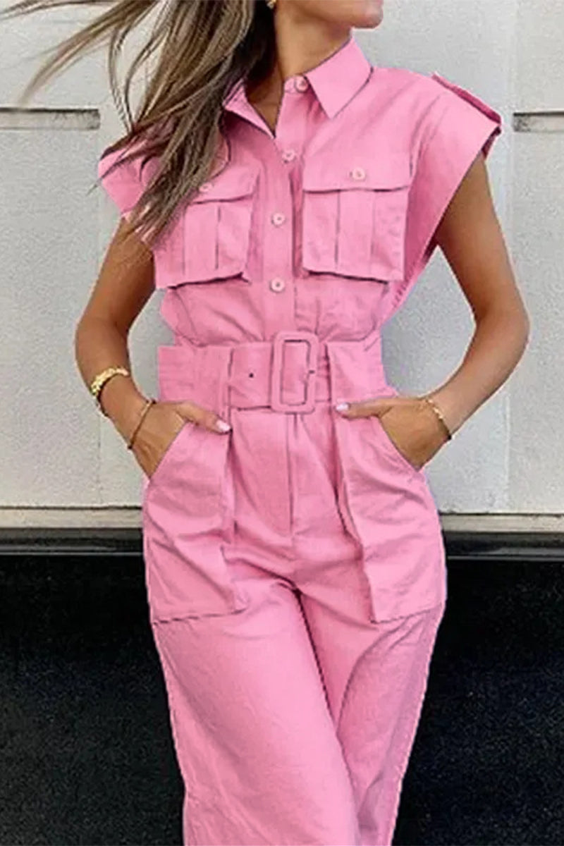 Casual Solid Pocket Turndown Collar Straight Jumpsuits