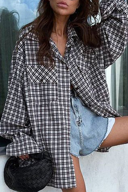 Casual Plaid Buttons Contrast Turndown Collar Tops Black White