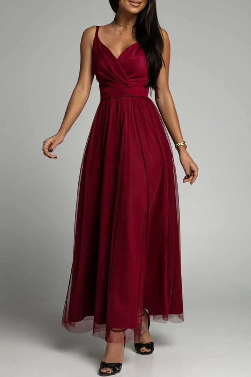 Elegant Solid Patchwork V Neck A Line Dresses Burgundy