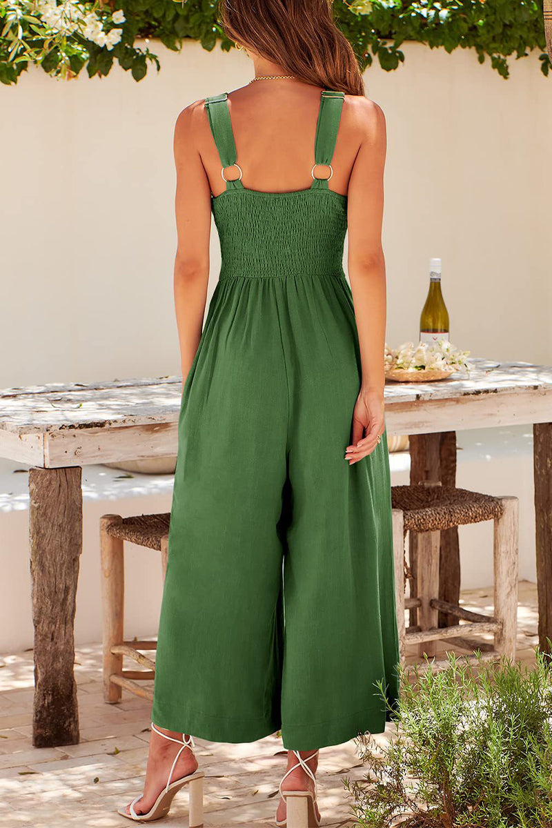 Casual Simplicity Solid Pocket Backless V Neck Loose Jumpsuits