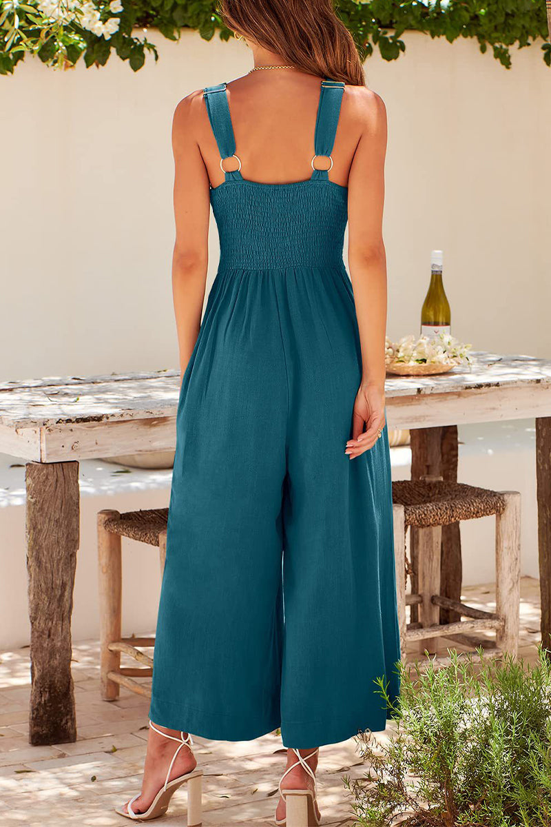 Casual Simplicity Solid Pocket Backless V Neck Loose Jumpsuits