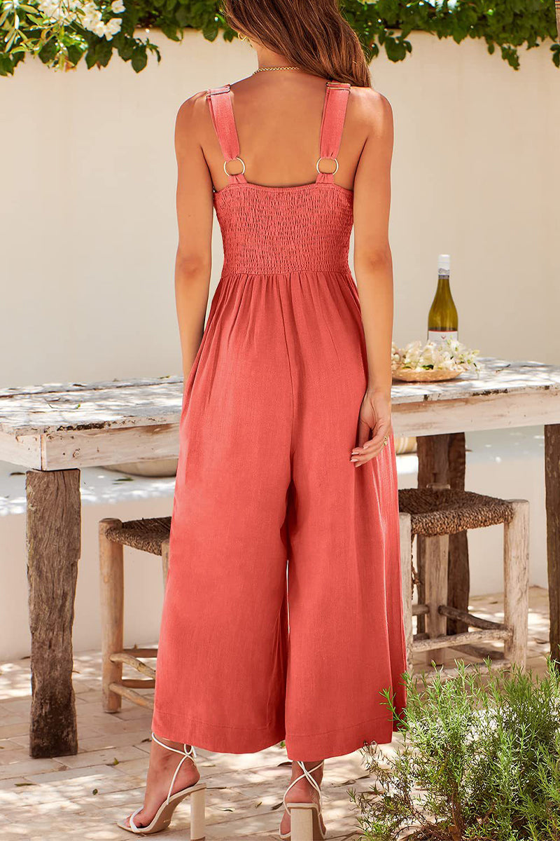 Casual Simplicity Solid Pocket Backless V Neck Loose Jumpsuits