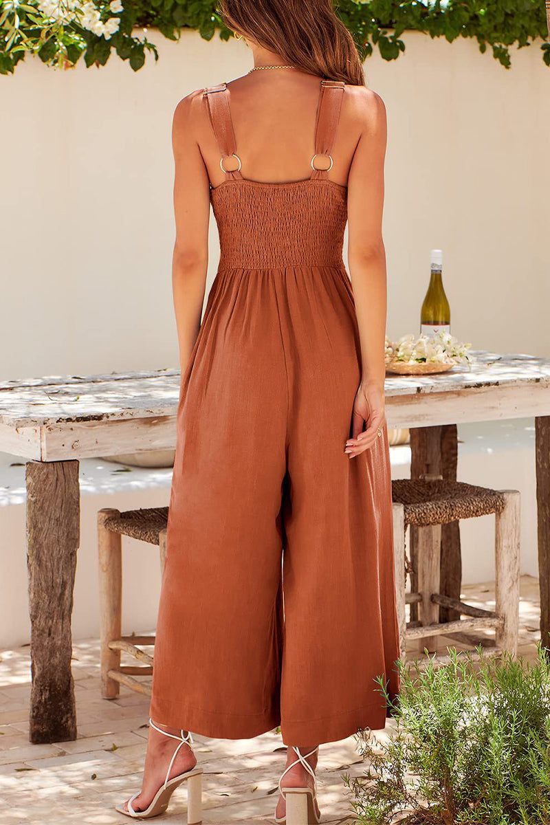 Casual Simplicity Solid Pocket Backless V Neck Loose Jumpsuits