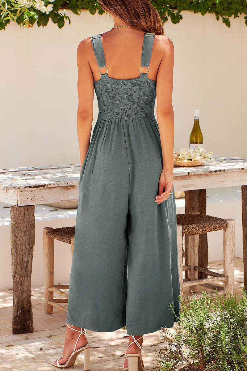 Casual Simplicity Solid Pocket Backless V Neck Loose Jumpsuits