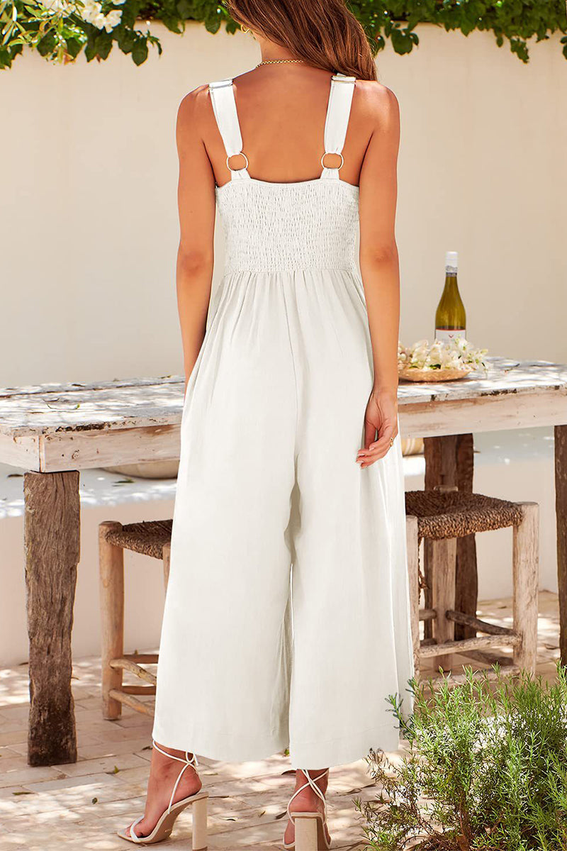 Casual Simplicity Solid Pocket Backless V Neck Loose Jumpsuits