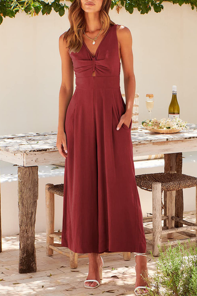 Casual Simplicity Solid Pocket Backless V Neck Loose Jumpsuits Deep Red