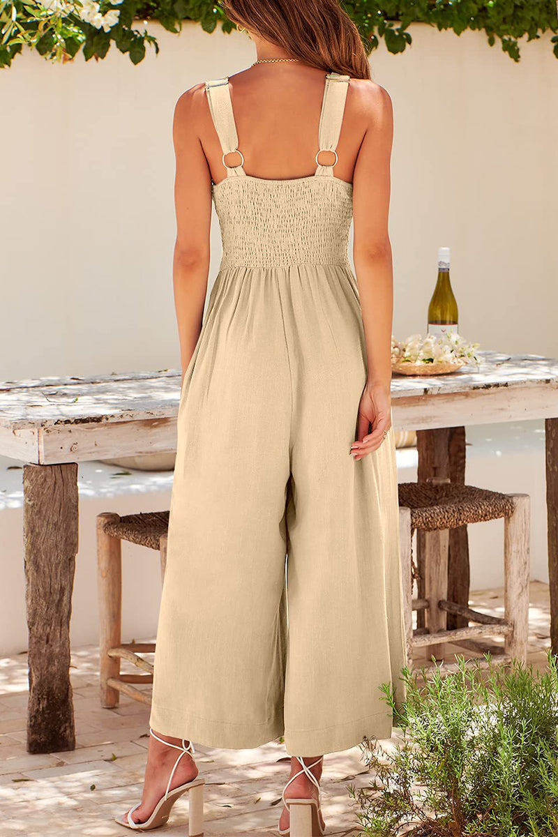 Casual Simplicity Solid Pocket Backless V Neck Loose Jumpsuits