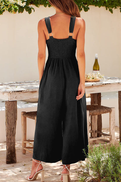 Casual Simplicity Solid Pocket Backless V Neck Loose Jumpsuits