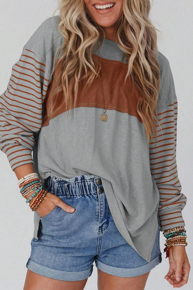 Casual Color Block Contrast O Neck Tops