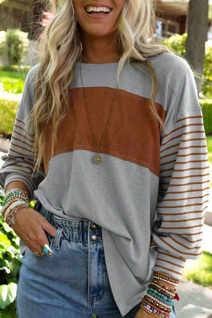 Casual Color Block Contrast O Neck Tops Grey