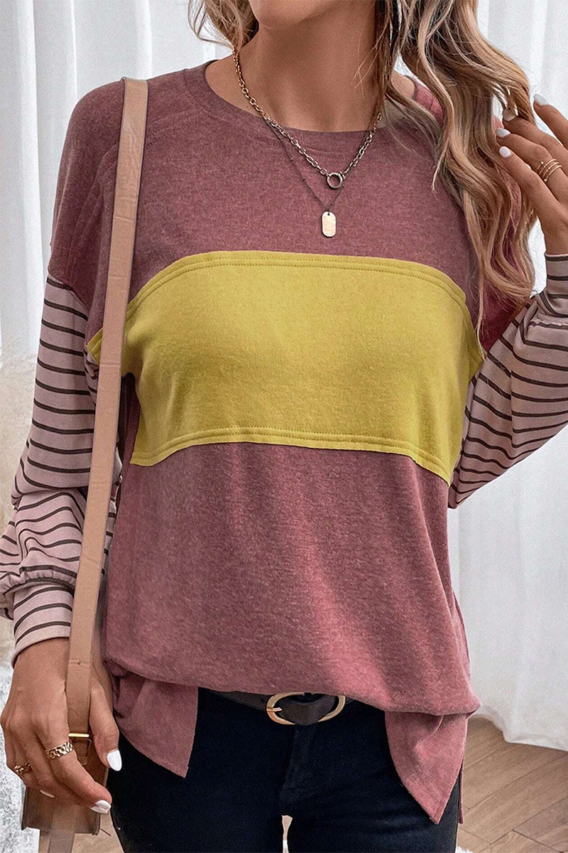 Casual Color Block Contrast O Neck Tops