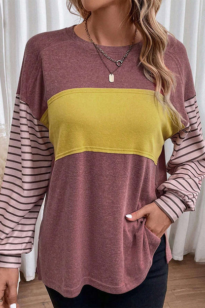 Casual Color Block Contrast O Neck Tops Burgundy