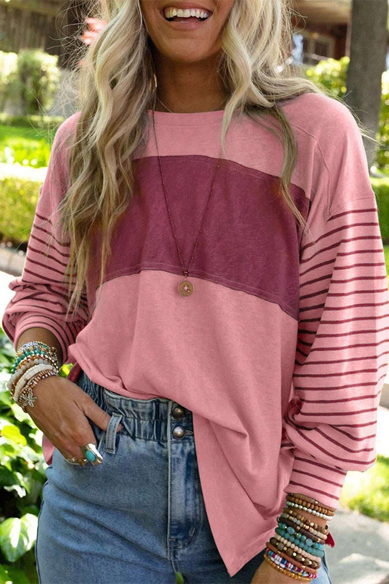 Casual Color Block Contrast O Neck Tops Pink