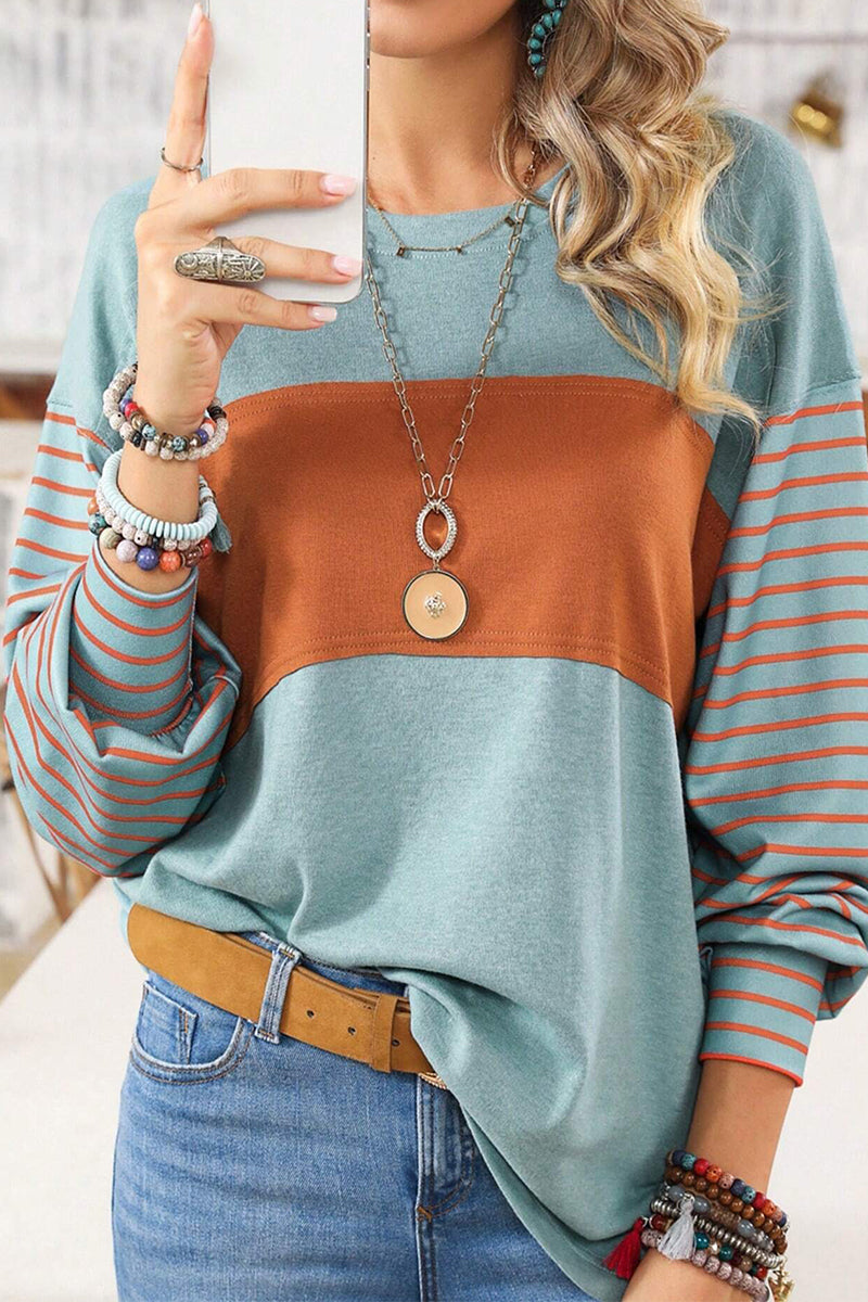 Casual Color Block Contrast O Neck Tops Green