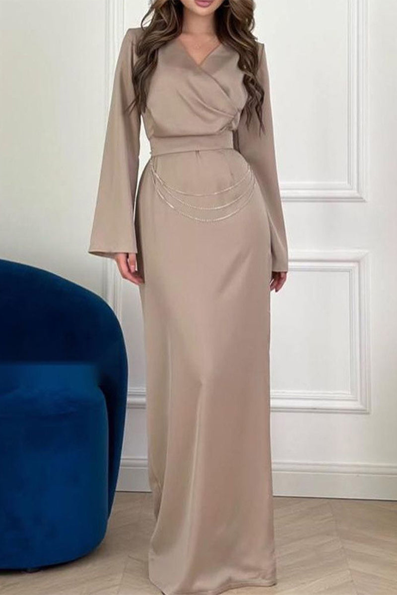 Celebrities Elegant Solid Metal Accessories Decoration V Neck One Step Skirt Dresses Khaki