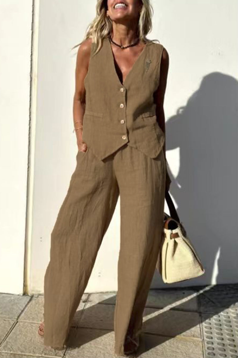 Casual Simplicity Solid Pocket Buckle V Neck Sleeveless Two Pieces Khaki