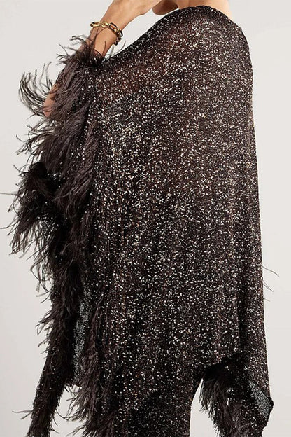 Casual Celebrities Solid Sequins Sequined O Neck Long Sleeve Two Pieces