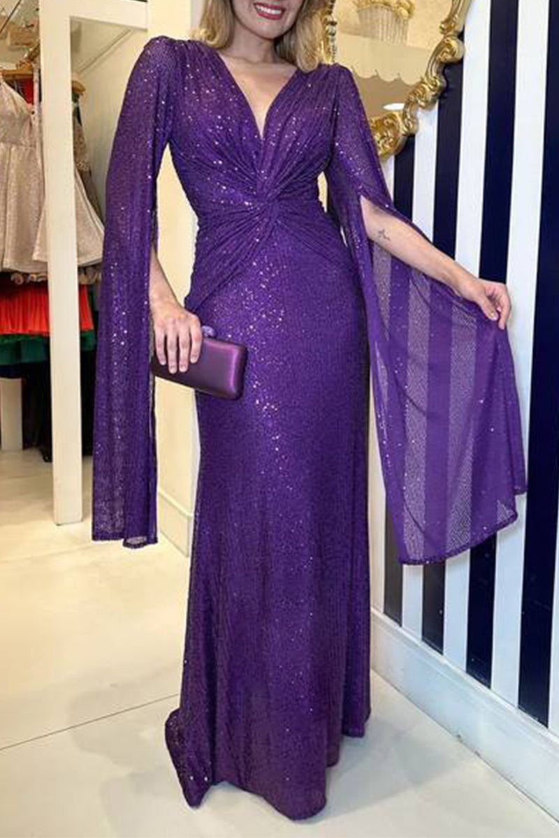 Sexy Formal Solid Sequins Fold V Neck A Line Dresses(7 Colors) Purple