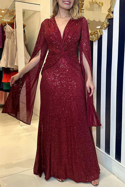 Sexy Formal Solid Sequins Fold V Neck A Line Dresses(7 Colors) Burgundy