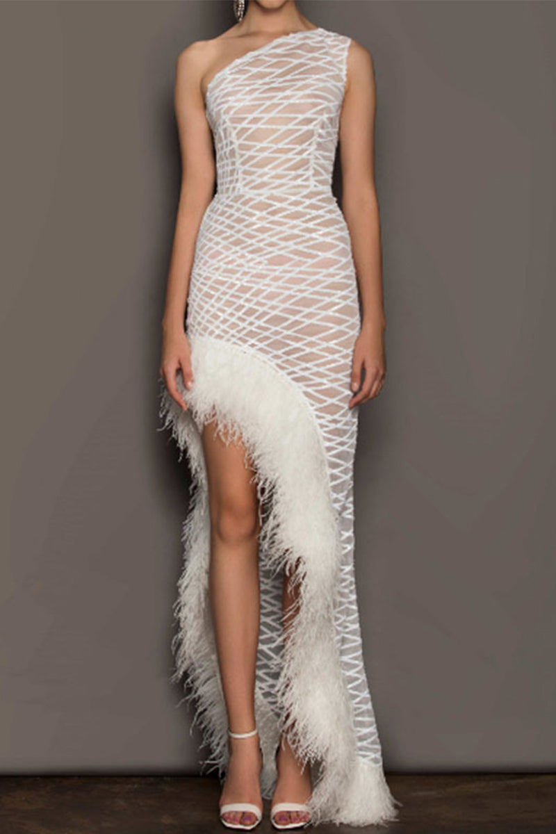 Sexy Party Solid See-through Feathers Oblique Collar Irregular Dress Dresses