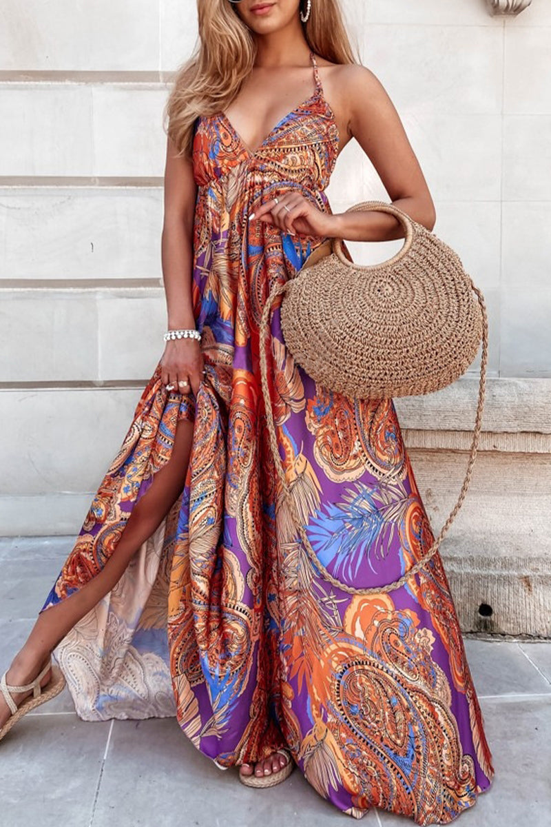 Sexy Bohemian Geometric Print Backless V Neck Sling Dress Dresses