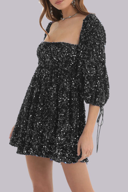 Sexy Solid Sequins Sequined Square Collar Princess Dresses Black