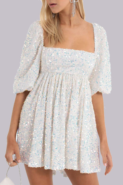 Sexy Solid Sequins Sequined Square Collar Princess Dresses White