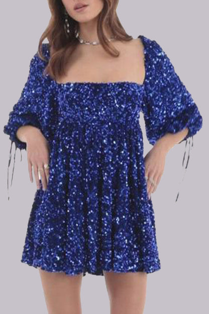 Sexy Solid Sequins Sequined Square Collar Princess Dresses Blue