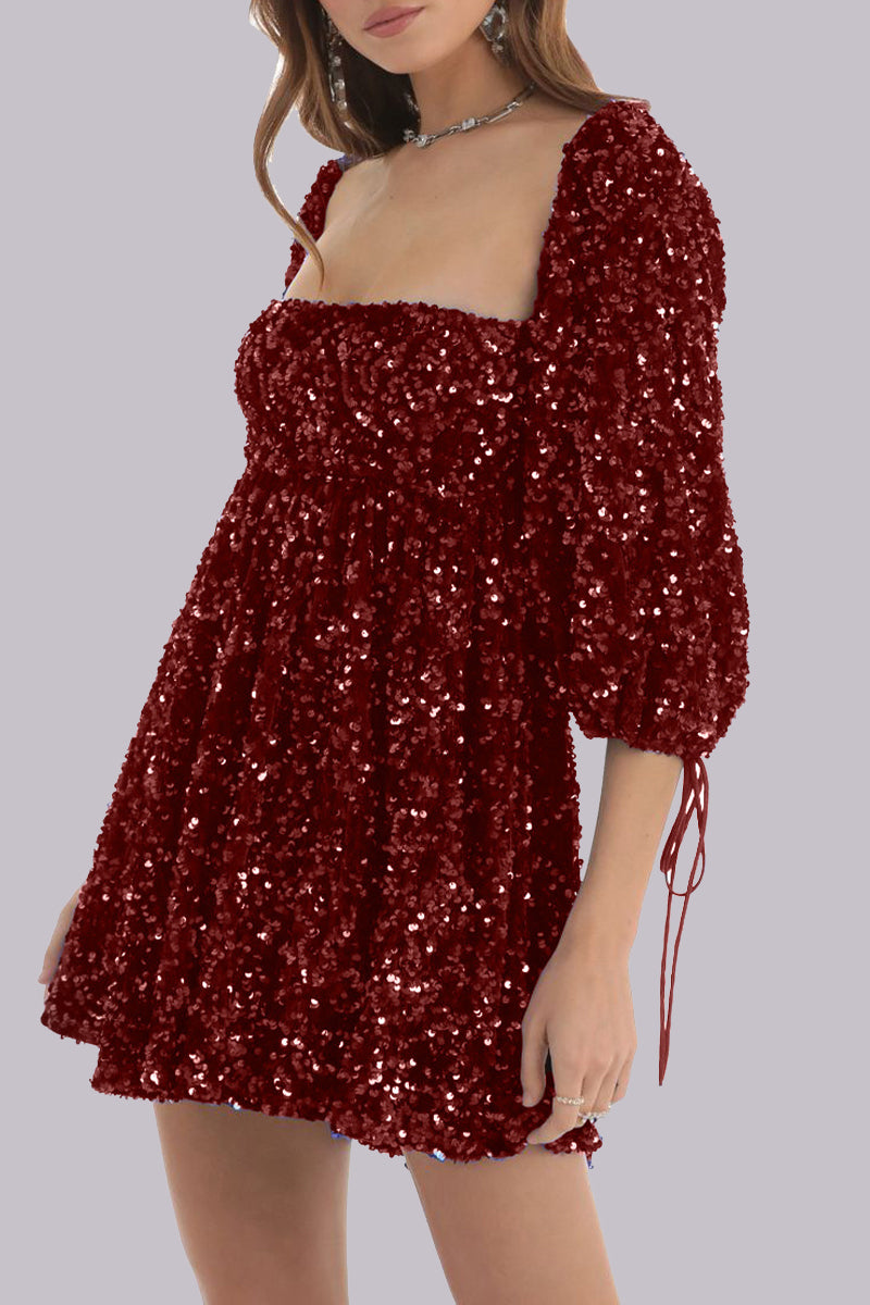 Sexy Solid Sequins Sequined Square Collar Princess Dresses Deep Red