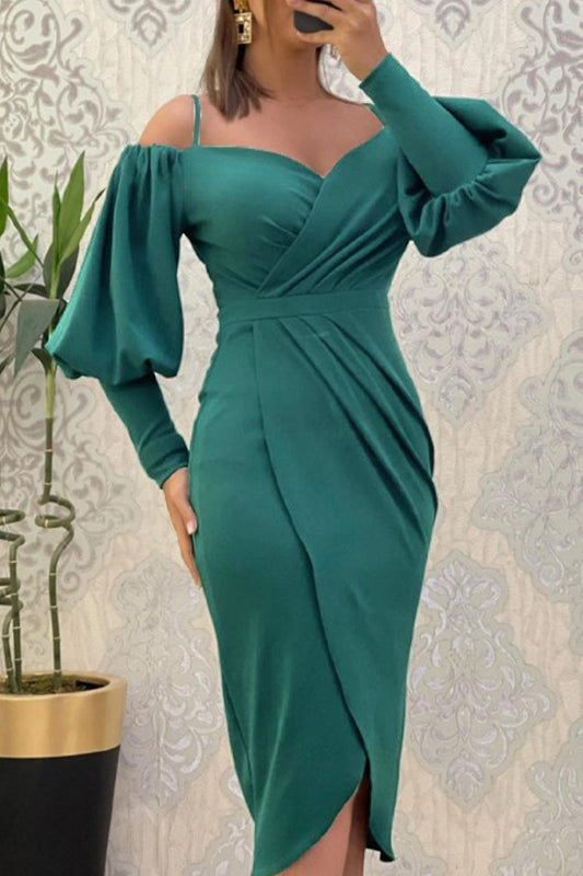 Sweet Elegant Solid Fold Off the Shoulder Irregular Dress Dresses(3 Colors) Green