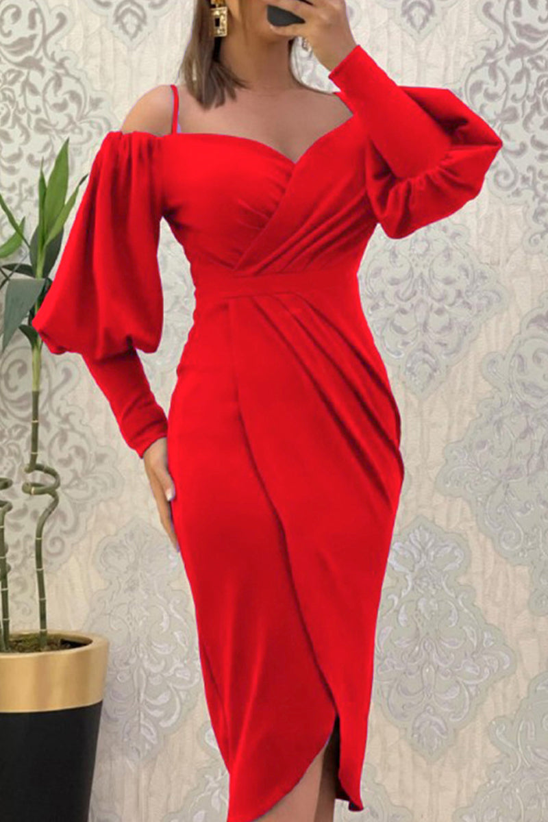 Sweet Elegant Solid Fold Off the Shoulder Irregular Dress Dresses(3 Colors) Red