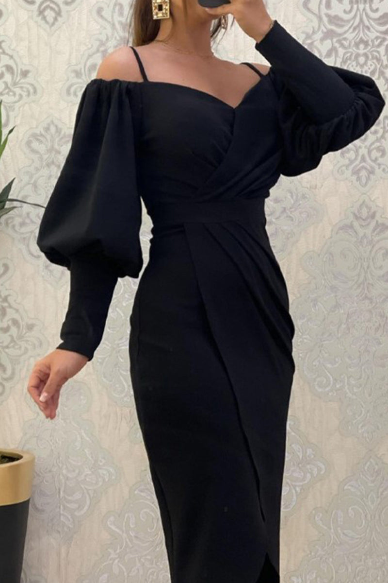 Sweet Elegant Solid Fold Off the Shoulder Irregular Dress Dresses(3 Colors) Black