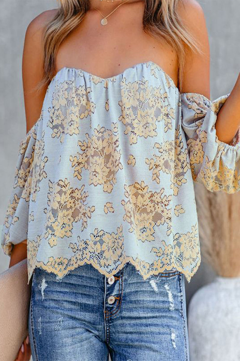 Sexy Solid Lace Off the Shoulder Tops Light Blue