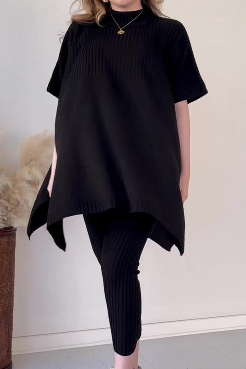 Casual Simplicity Solid Slit O Neck Short Sleeve Two Pieces Black