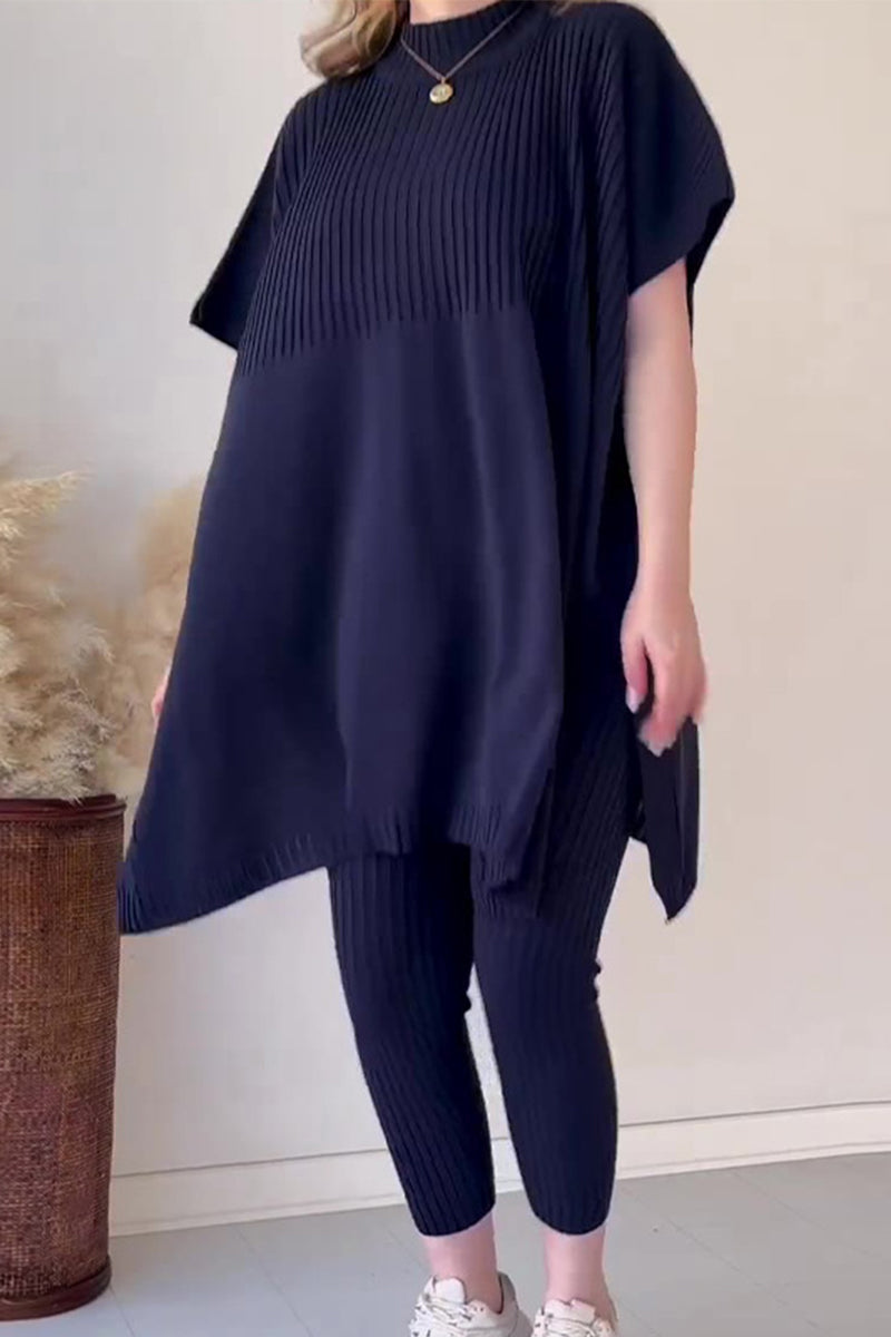 Casual Simplicity Solid Slit O Neck Short Sleeve Two Pieces Navy Blue