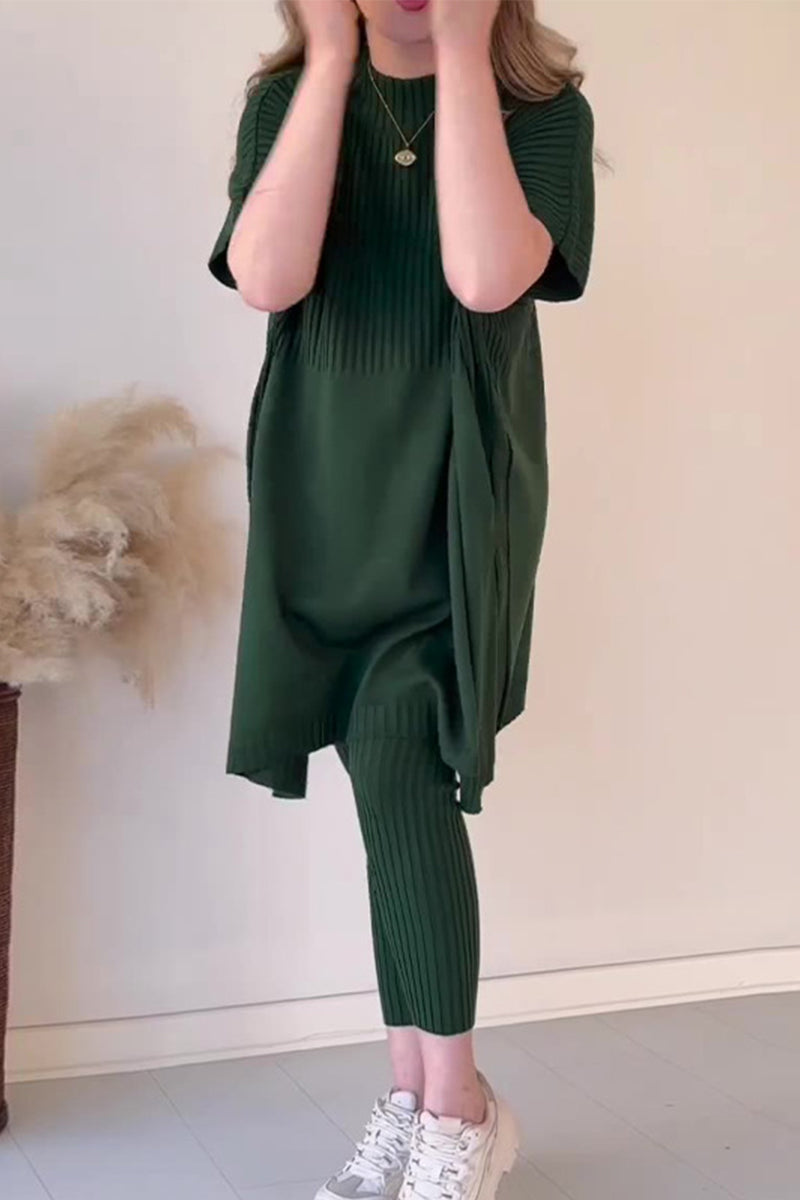 Casual Simplicity Solid Slit O Neck Short Sleeve Two Pieces Green