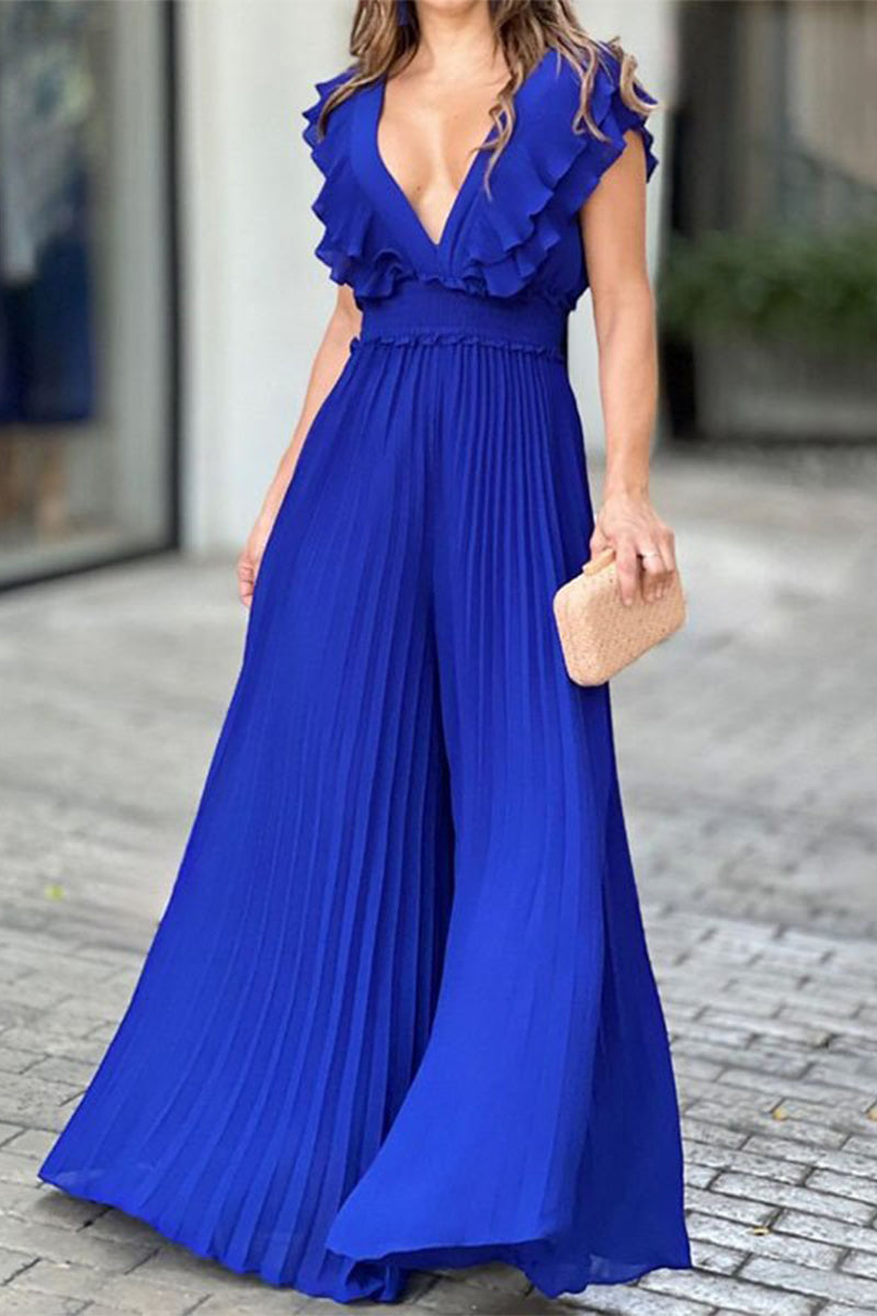 Sexy Solid Flounce Fold V Neck Sleeveless Dress Dresses Blue