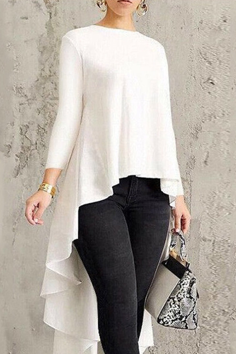 Casual Simplicity Solid Asymmetrical O Neck Tops White