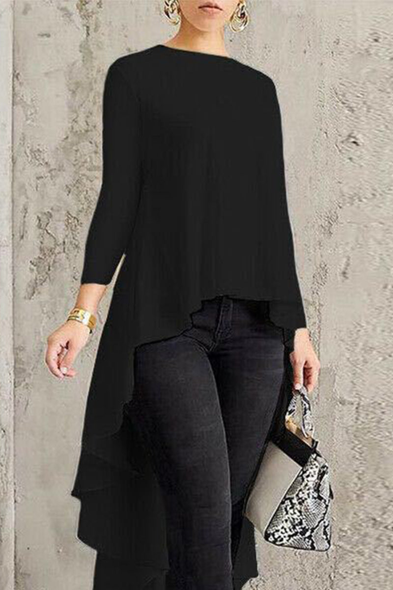 Casual Simplicity Solid Asymmetrical O Neck Tops Black