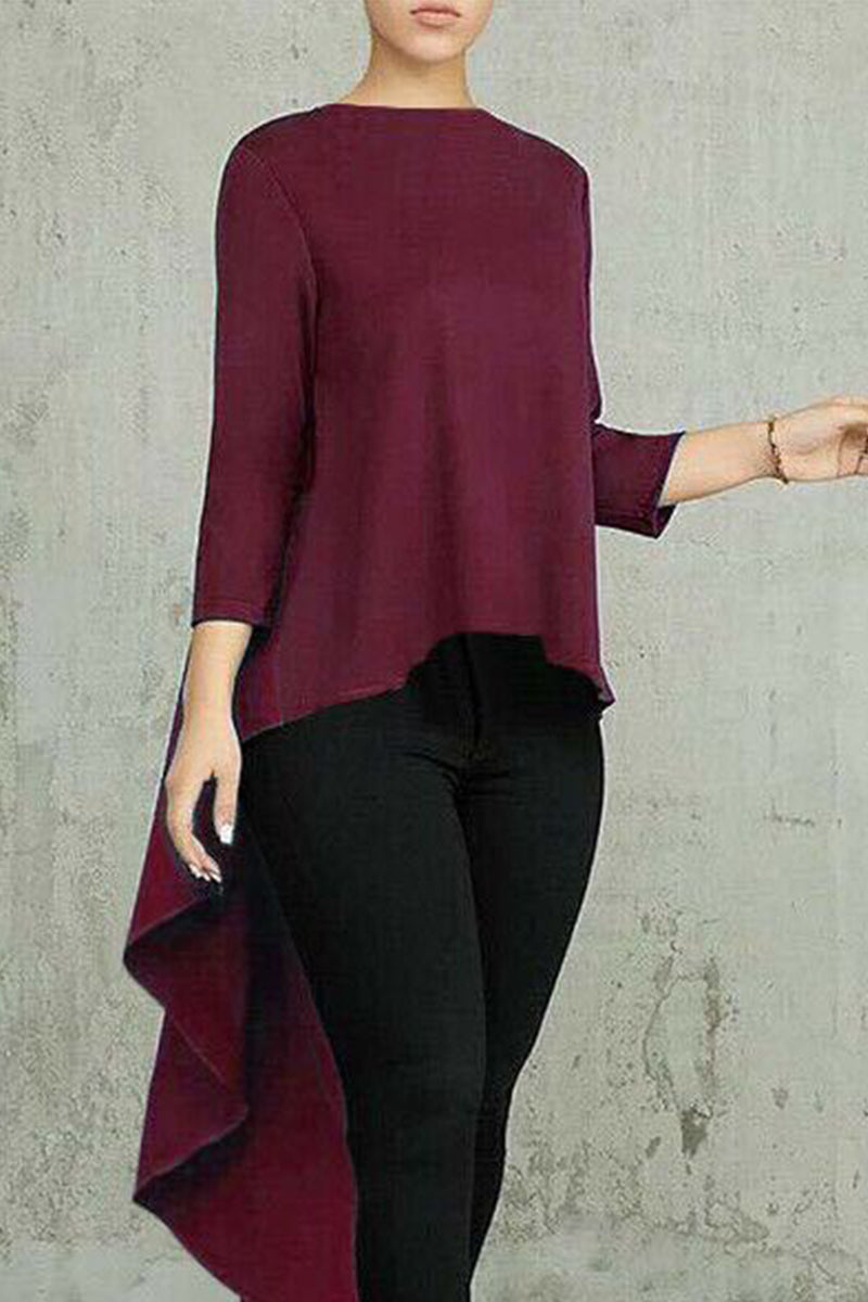 Casual Simplicity Solid Asymmetrical O Neck Tops Burgundy