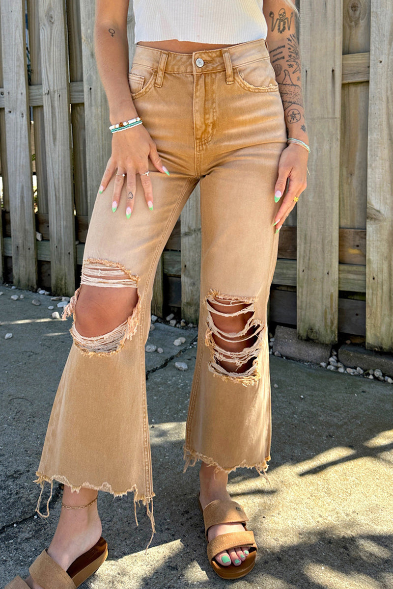 Casual Solid Ripped Make Old High Waist Denim Jeans Brown