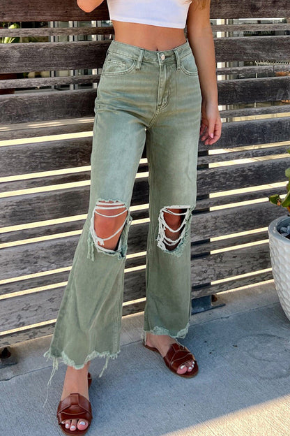 Casual Solid Ripped Make Old High Waist Denim Jeans Green