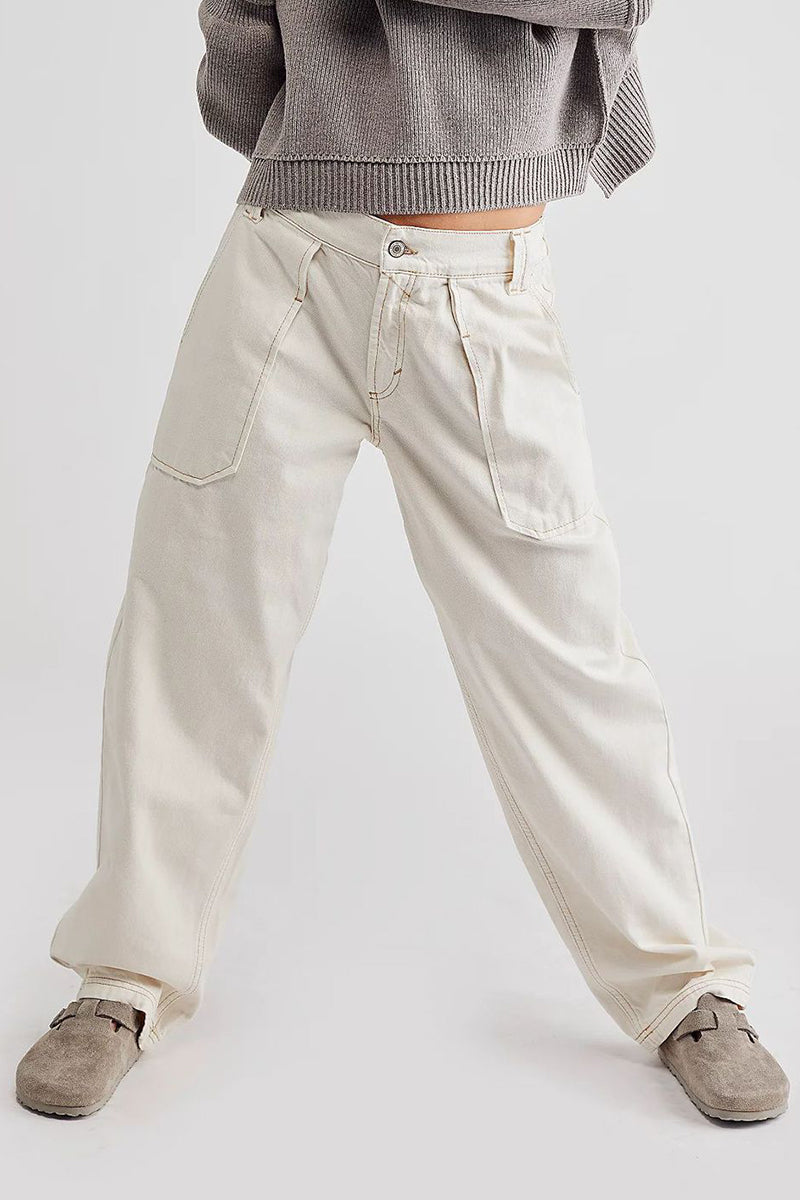 Casual Street Solid Pocket Without Belt Loose Denim Jeans(No Belt) White