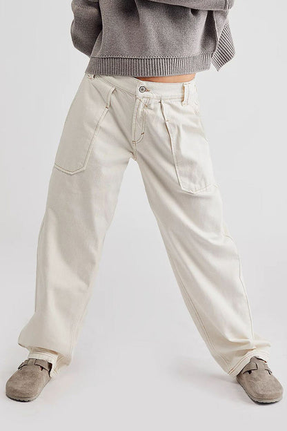 Casual Street Solid Pocket Without Belt Loose Denim Jeans(No Belt) White