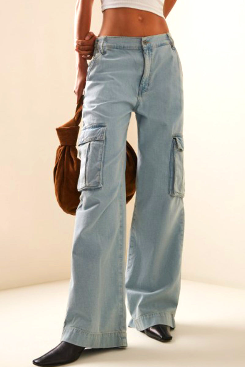 Casual Solid Pocket Loose Denim Jeans Light Blue