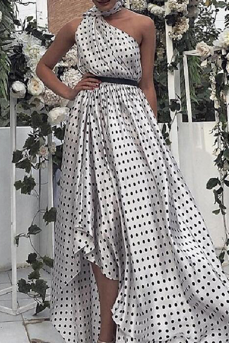 Elegant Polka Dot Flounce Asymmetrical Halter Printed Dress Dresses White