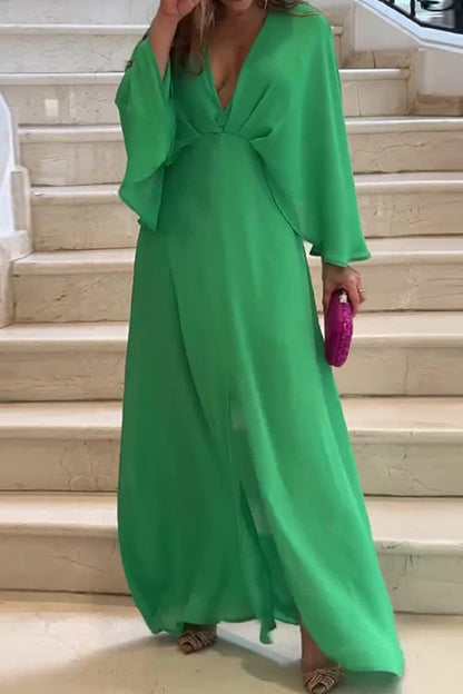 Casual Simplicity Solid Fold V Neck A Line Dresses Green