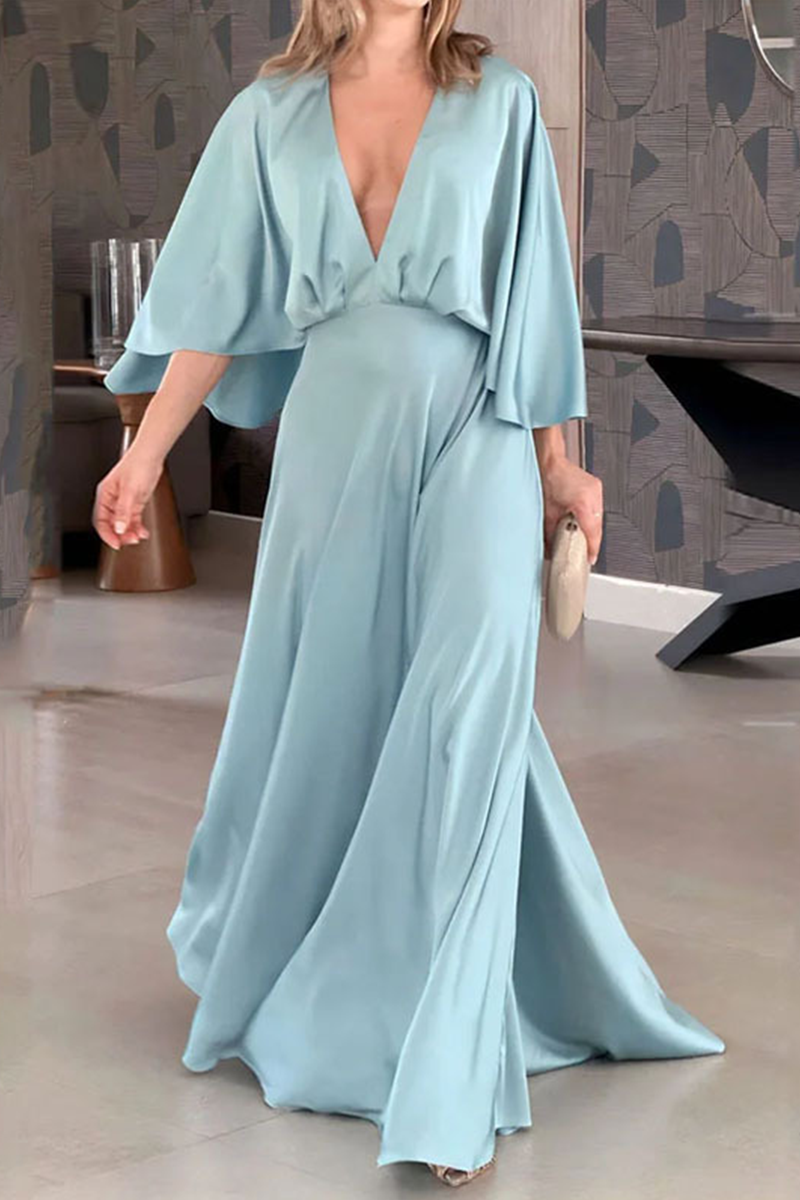 Casual Simplicity Solid Fold V Neck A Line Dresses Light Blue